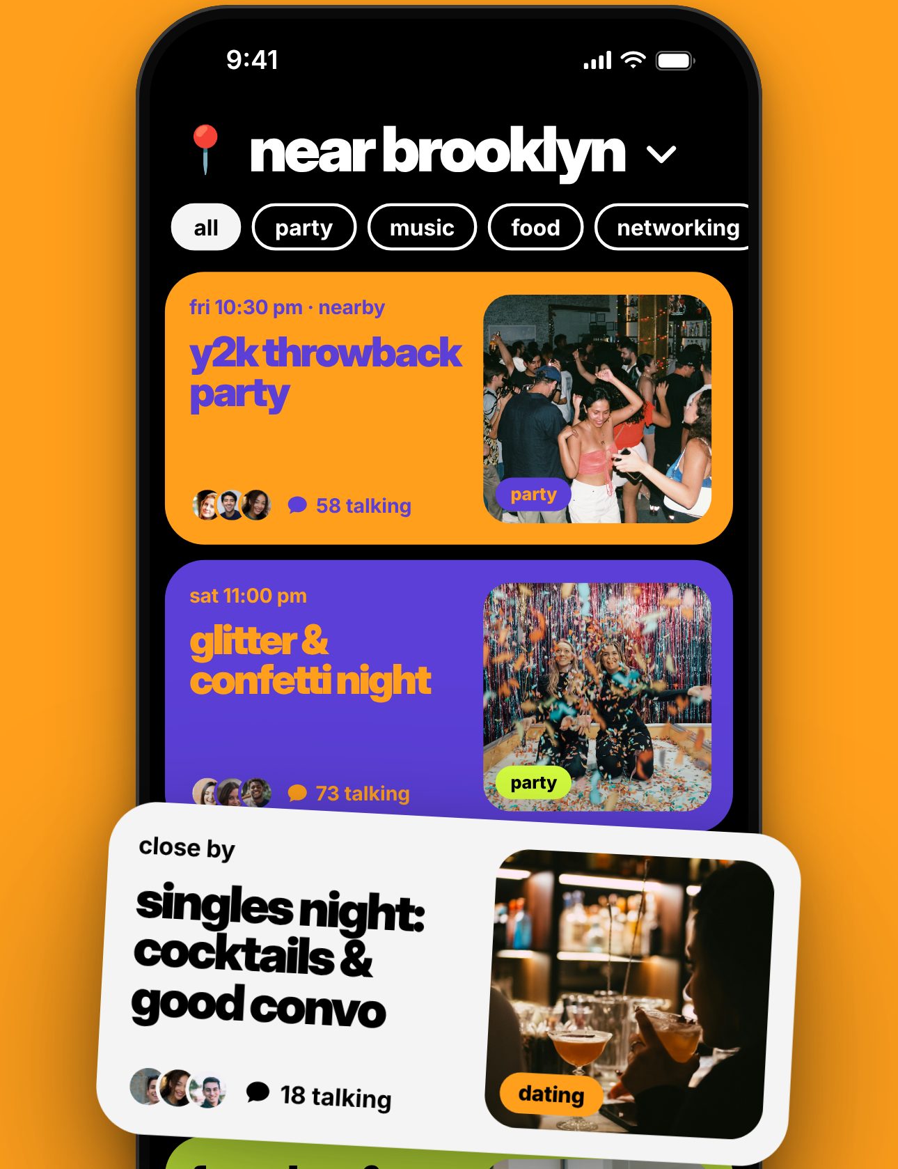 Tititam discover feed near Brooklyn: a y2k throwback party, a glitter and confetti night, and a singles night with cocktails, each showing how many people are talking.