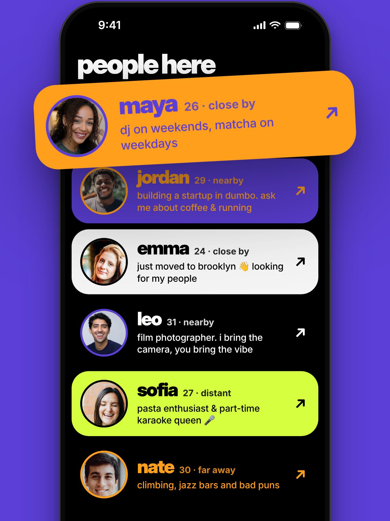 The people here list: Maya, a DJ on weekends; Jordan, building a startup in Dumbo; Emma, just moved to Brooklyn; Leo, a film photographer; Sofia and Nate.