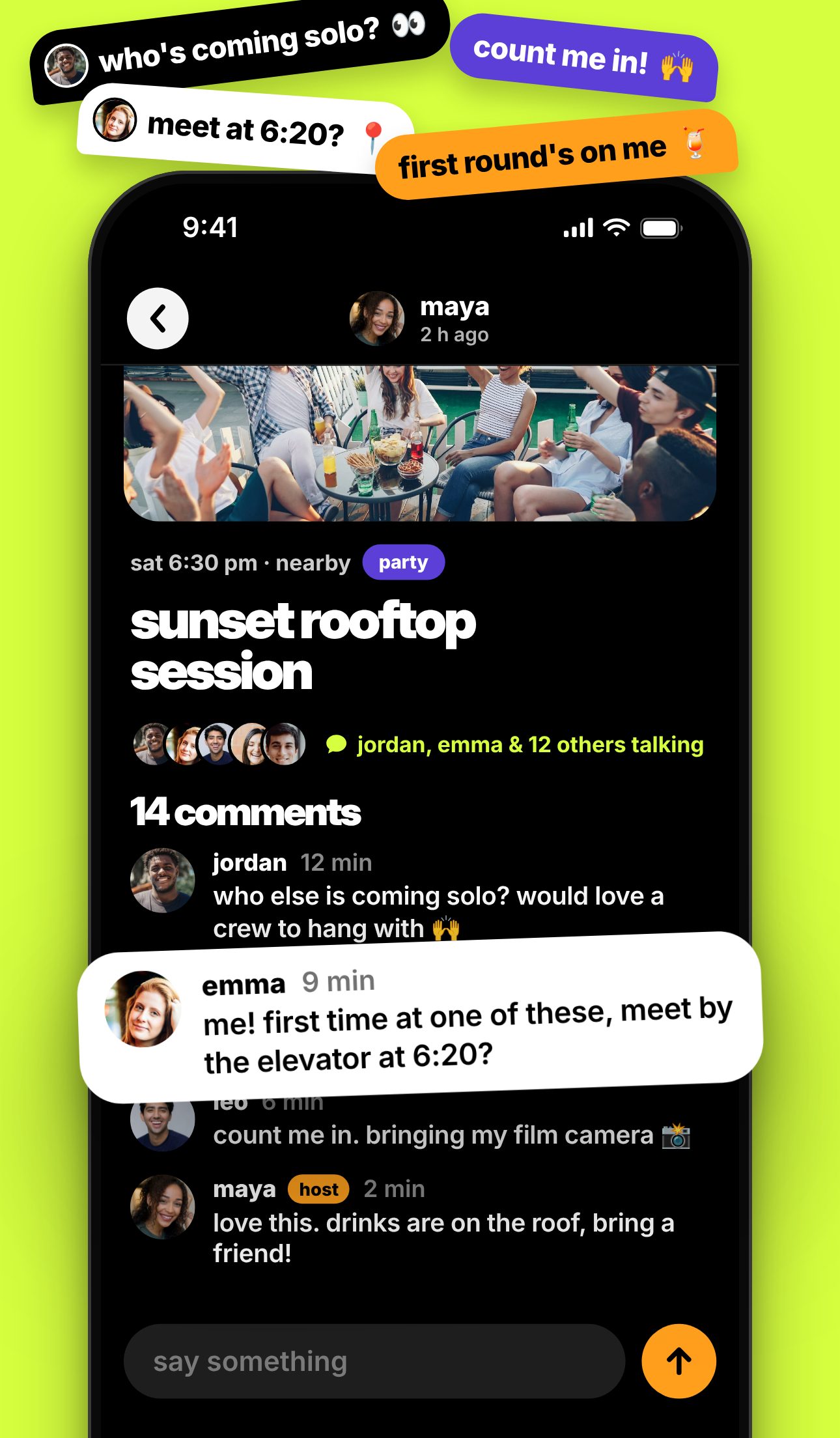 A sunset rooftop session with 14 comments: Jordan asks who else is coming solo, Emma suggests meeting by the elevator at 6:20, Leo is bringing a film camera.
