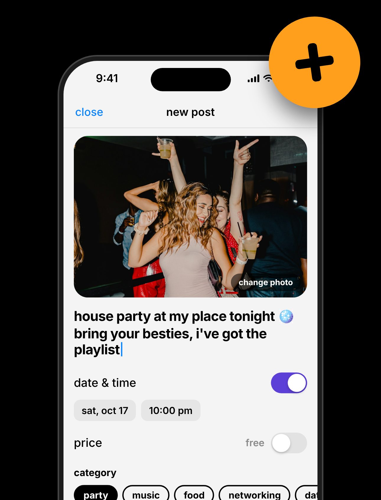 The new post screen: a photo from a house party, the caption 'house party at my place tonight', a date and time, a price toggle and category chips.